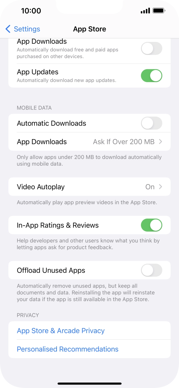 Press the indicator next to 'Offload Unused Apps' to turn the function on or off. Press the indicator next to 'Offload Unused Apps' to turn the function on or off.