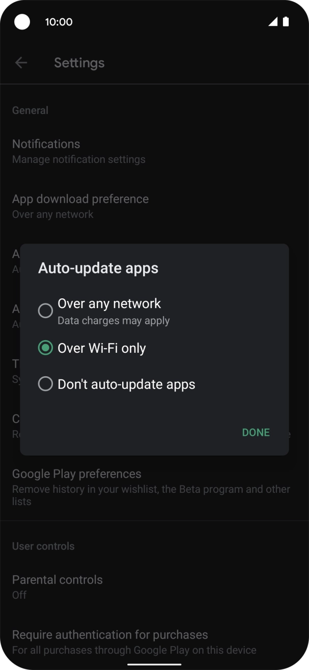 To turn on automatic update of apps using mobile network, press Over any network. To turn on automatic update of apps using mobile network, press Over any network.