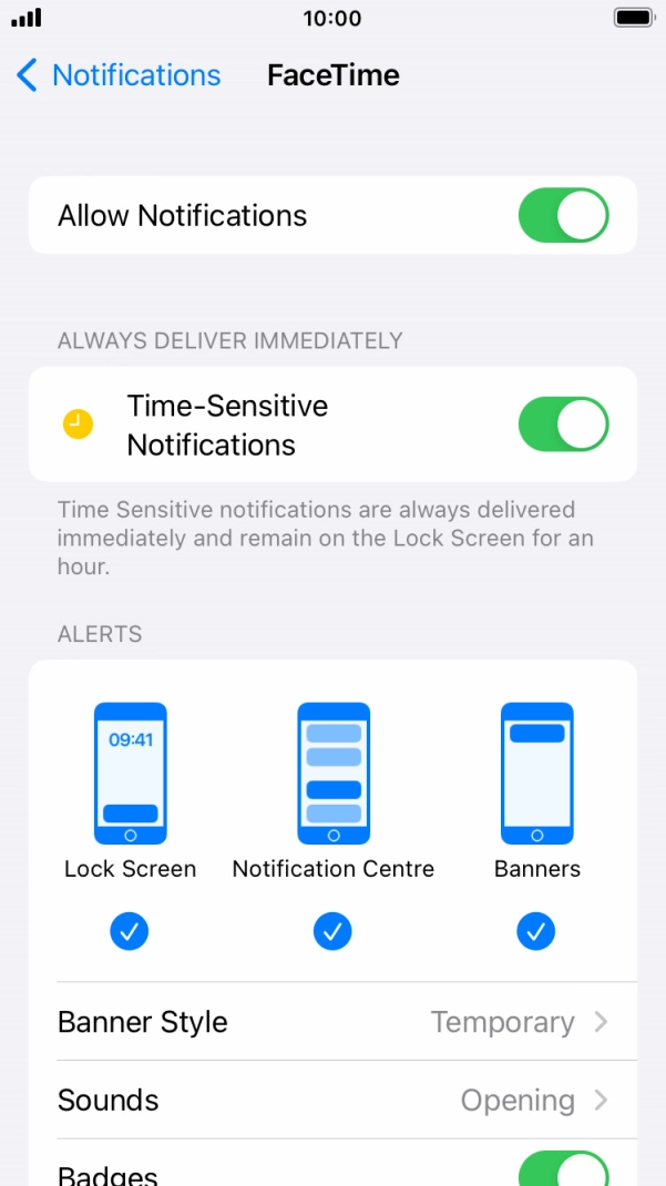Press the indicator next to 'Allow Notifications' to turn notifications for the selected application on or off. Press the indicator next to 'Allow Notifications' to turn notifications for the selected application on or off.