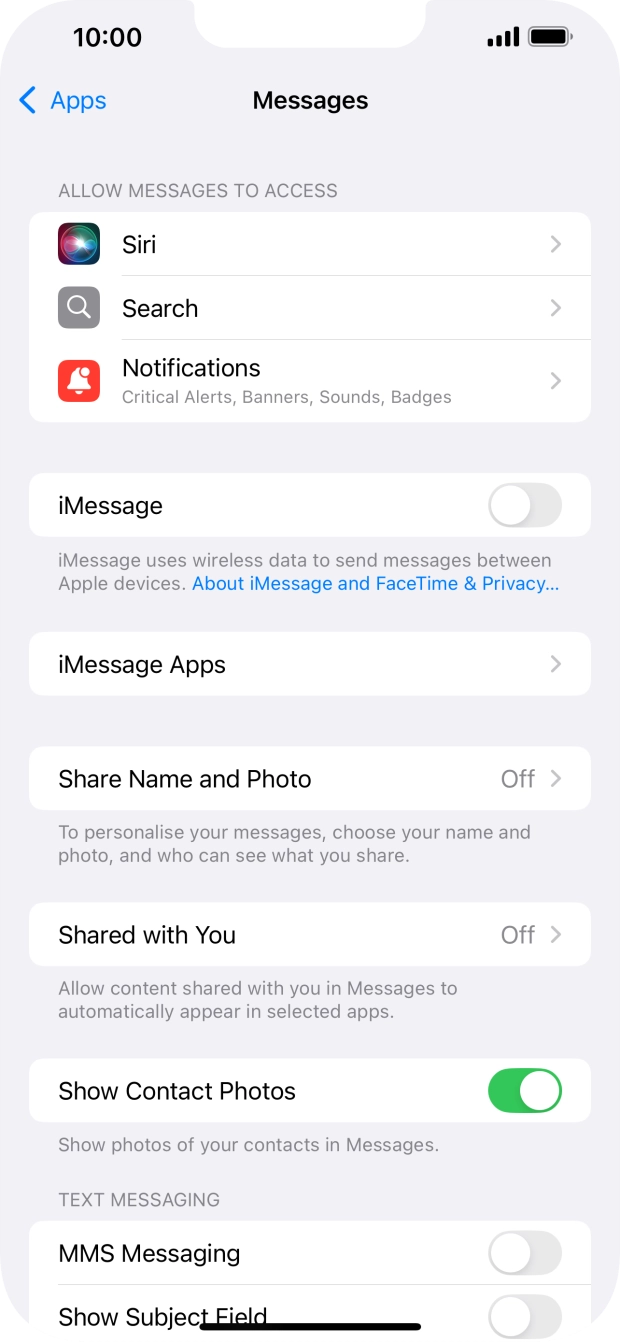 Press the indicator next to 'iMessage' to turn on the function.
