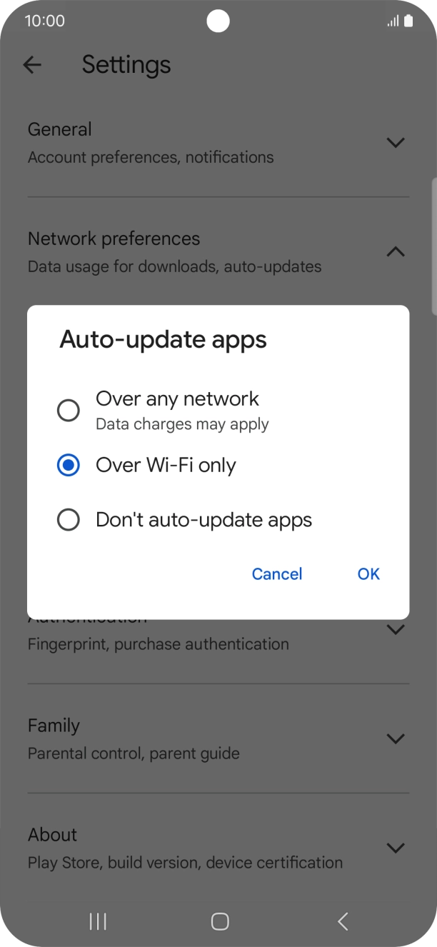 To turn on automatic update of apps using mobile network, press Over any network.