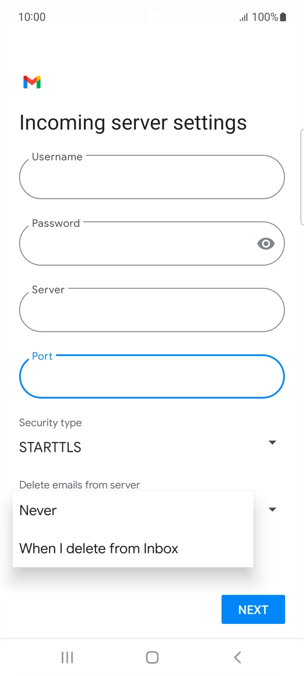 Press Never to keep emails on the server when you delete them on your phone. Press Never to keep emails on the server when you delete them on your phone.