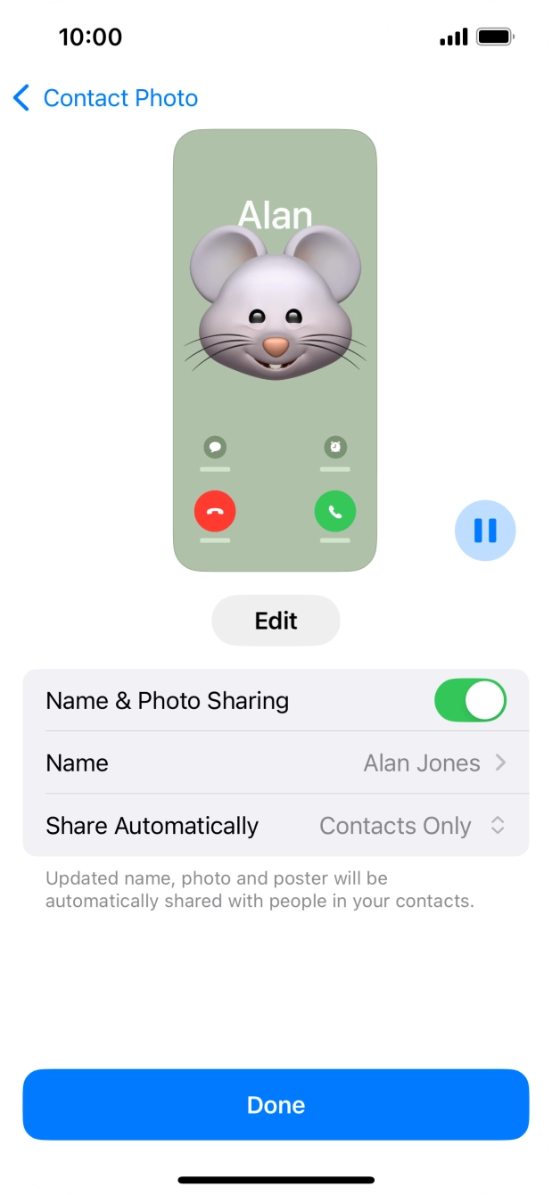Press the indicator next to 'Name & Photo Sharing' to turn the function on or off. Press the indicator next to 'Name & Photo Sharing' to turn the function on or off.