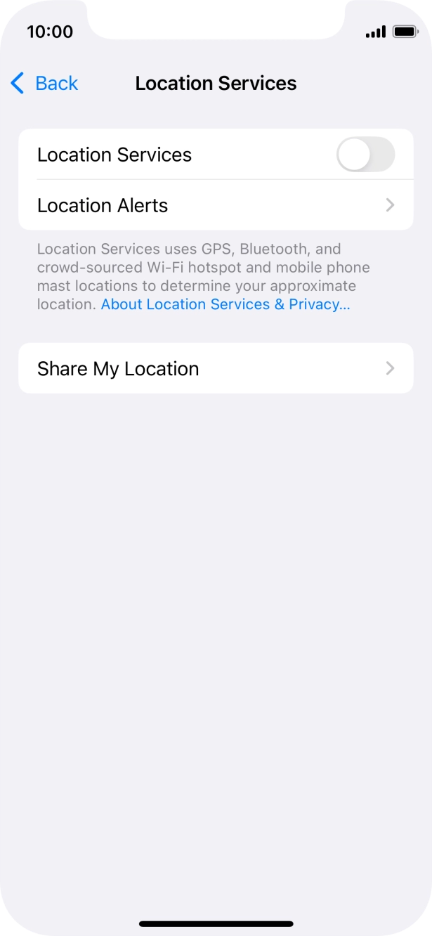 Press the indicator next to 'Location Services' to turn the function on or off.