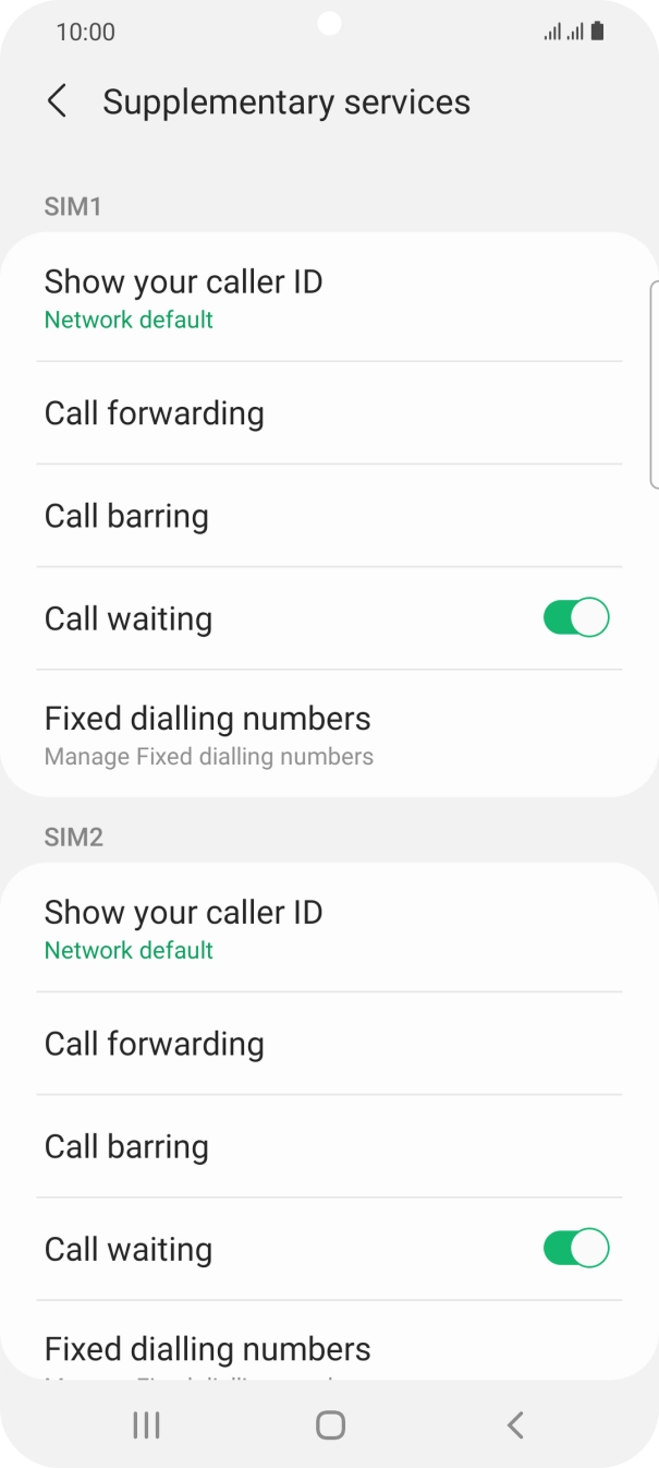 Press the indicator next to 'Call waiting' below the required SIM to turn the function on or off.