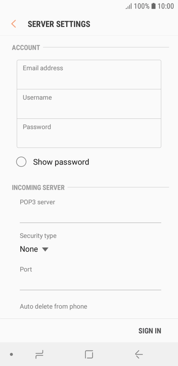 Press the field below 'Username' and key in the username for your email account. Press the field below 'Username' and key in the username for your email account.