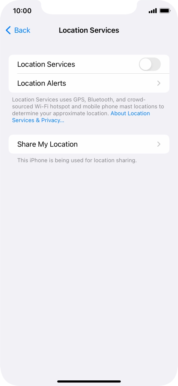 Press the indicator next to 'Location Services' to turn the function on or off. Press the indicator next to 'Location Services' to turn the function on or off.