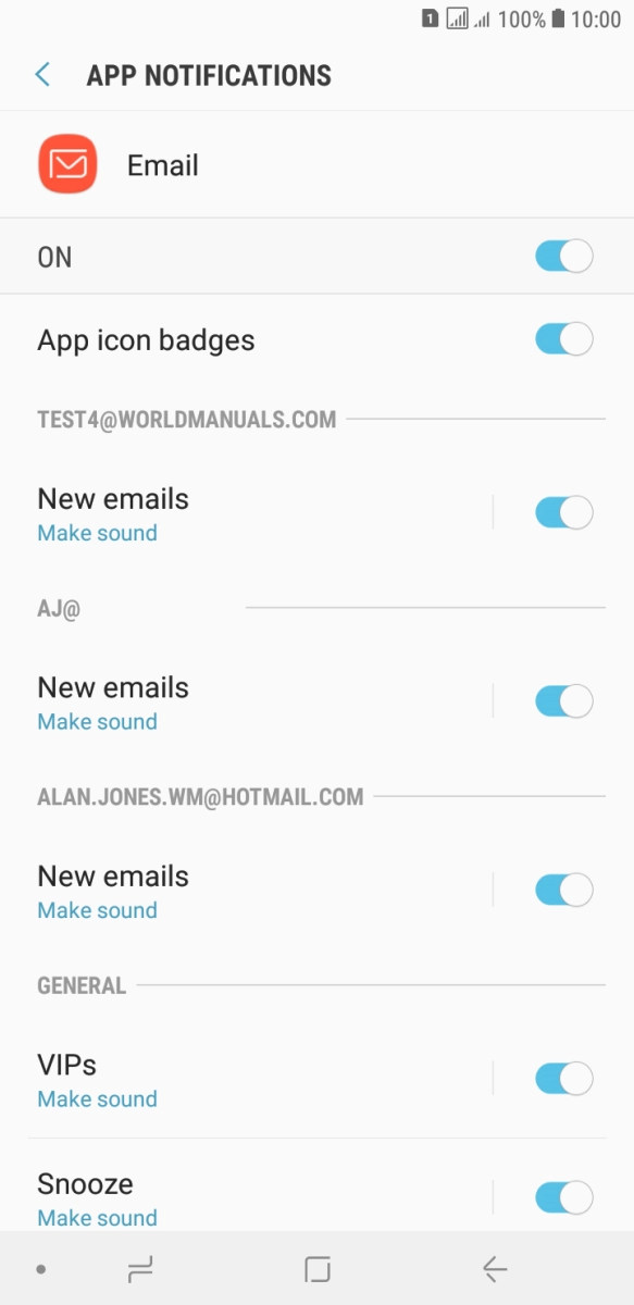 Press the indicator below the required email account to turn the function on or off.