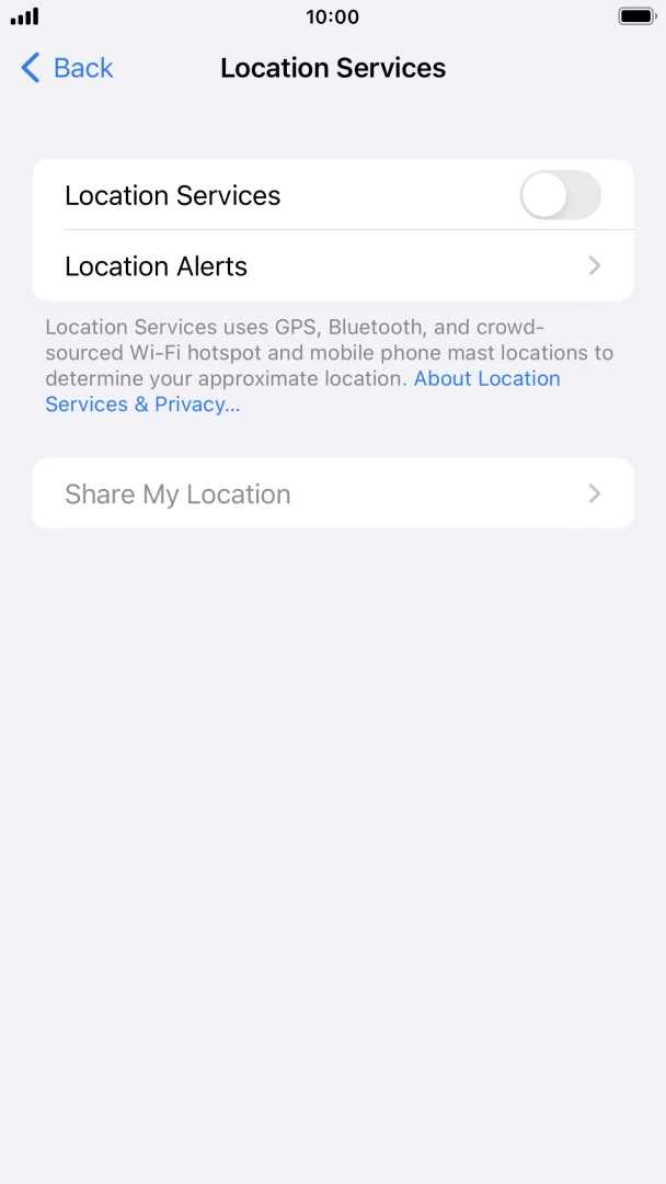 Press the indicator next to 'Location Services' to turn the function on or off.