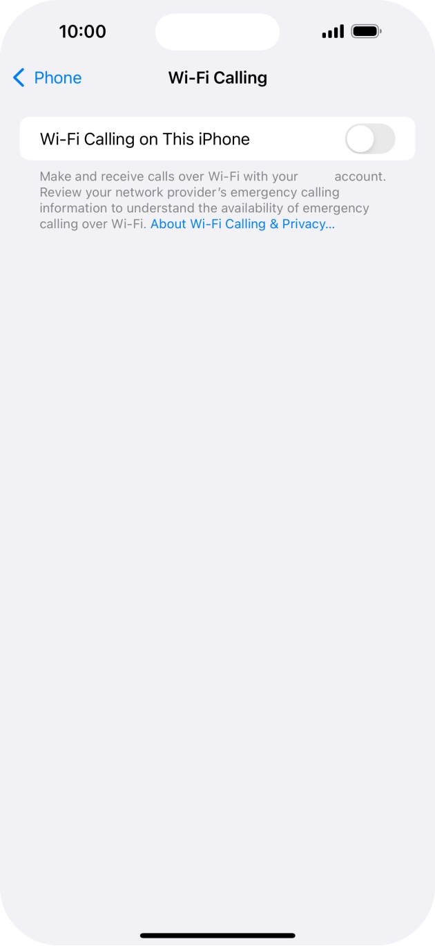 Press the indicator next to 'Wi-Fi Calling on This iPhone' to turn the function on or off. Press the indicator next to 'Wi-Fi Calling on This iPhone' to turn the function on or off.