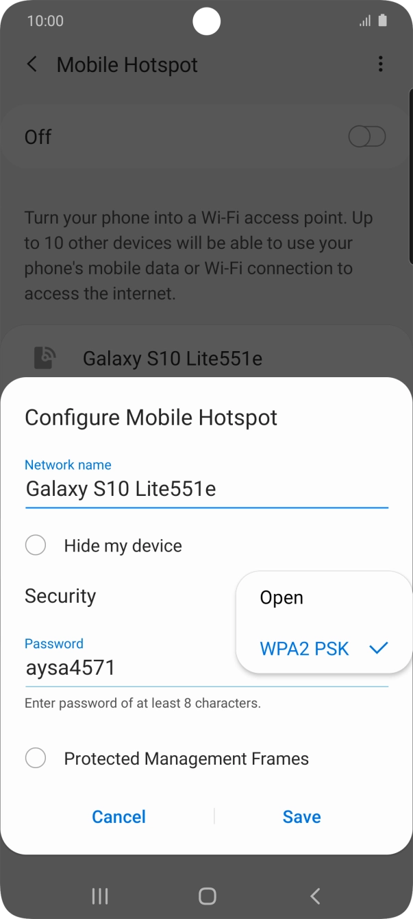Press WPA2 PSK to password protect your WiFi hotspot.
