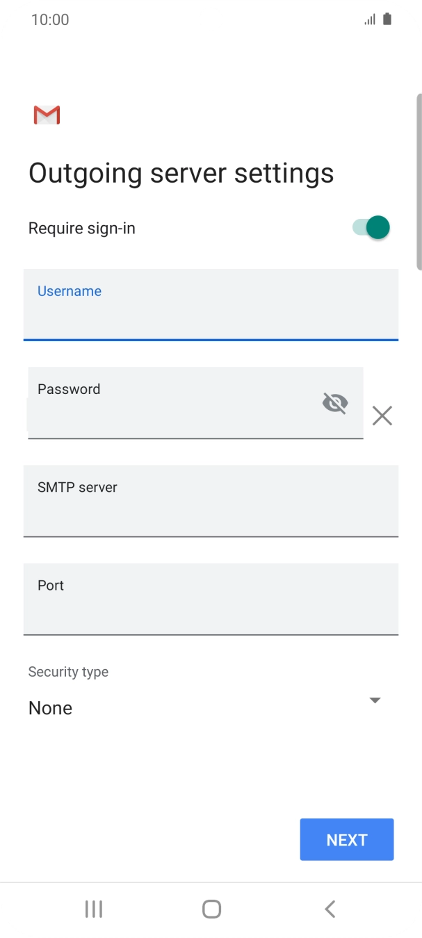 Press the field below 'Password' and key in the password of your email provider's outgoing server. Press the field below 'Password' and key in the password of your email provider's outgoing server.