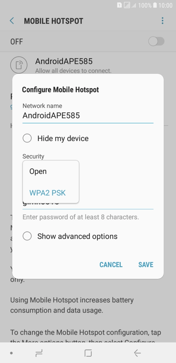 Press WPA2 PSK to password protect your WiFi hotspot.
