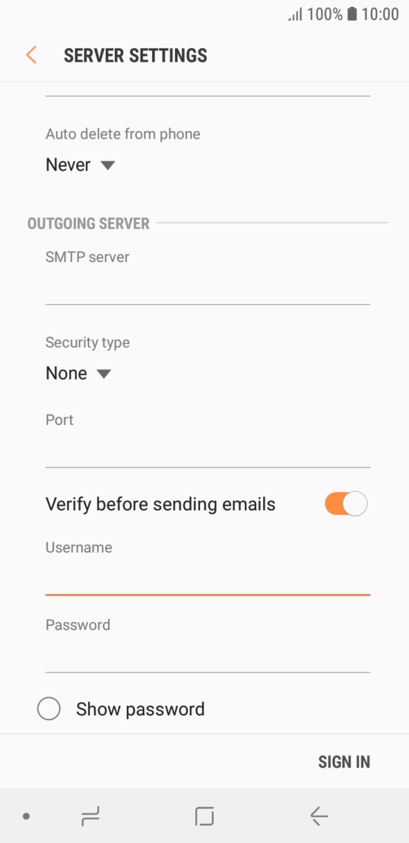 Press the field below 'Password' and key in the password of your email provider's outgoing server. Press the field below 'Password' and key in the password of your email provider's outgoing server.