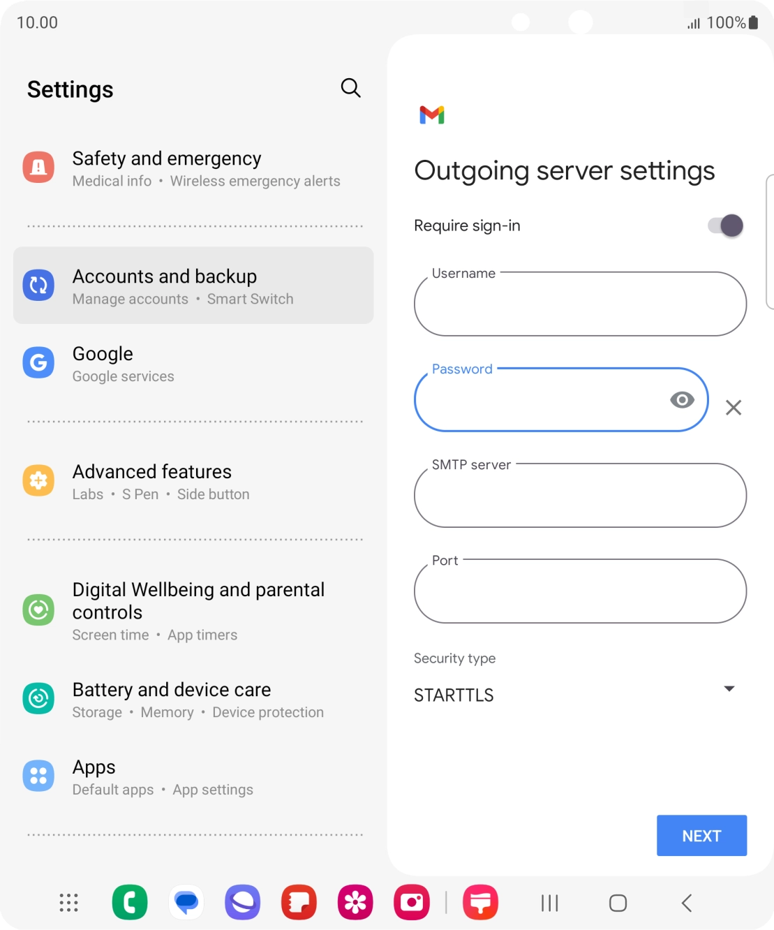 Press the field below 'SMTP server' and key in the name of your email provider's outgoing server. Press the field below 'SMTP server' and key in the name of your email provider's outgoing server.