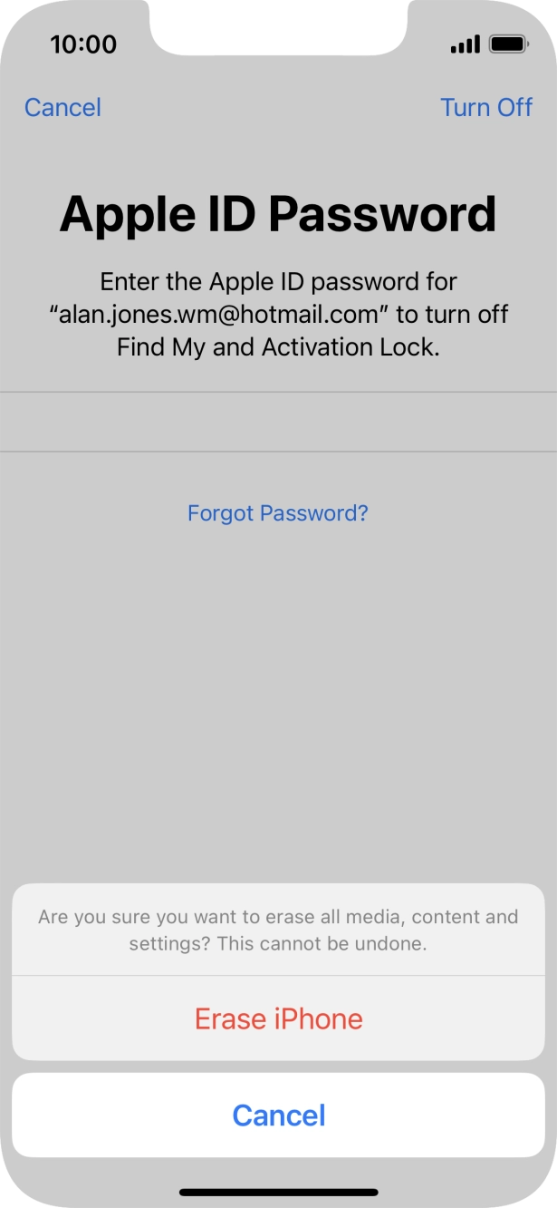 Key in the password for your Apple ID and press Erase iPhone. Wait a moment while the factory default settings are restored. Follow the instructions on the screen to set up your phone and prepare it for use.