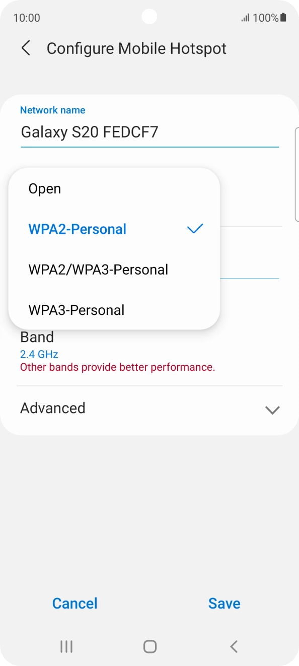 Press WPA3-Personal to password protect your WiFi hotspot. Press WPA3-Personal to password protect your WiFi hotspot.