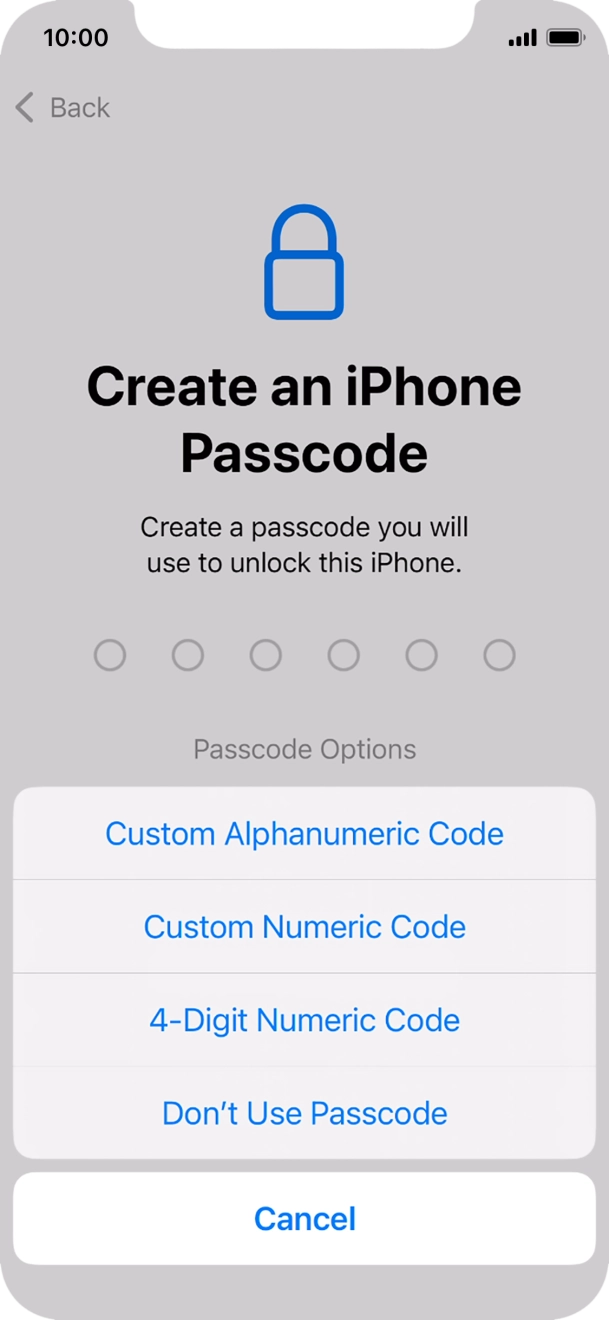 Follow the instructions on the screen to turn on the phone lock code or press Don't Use Passcode.