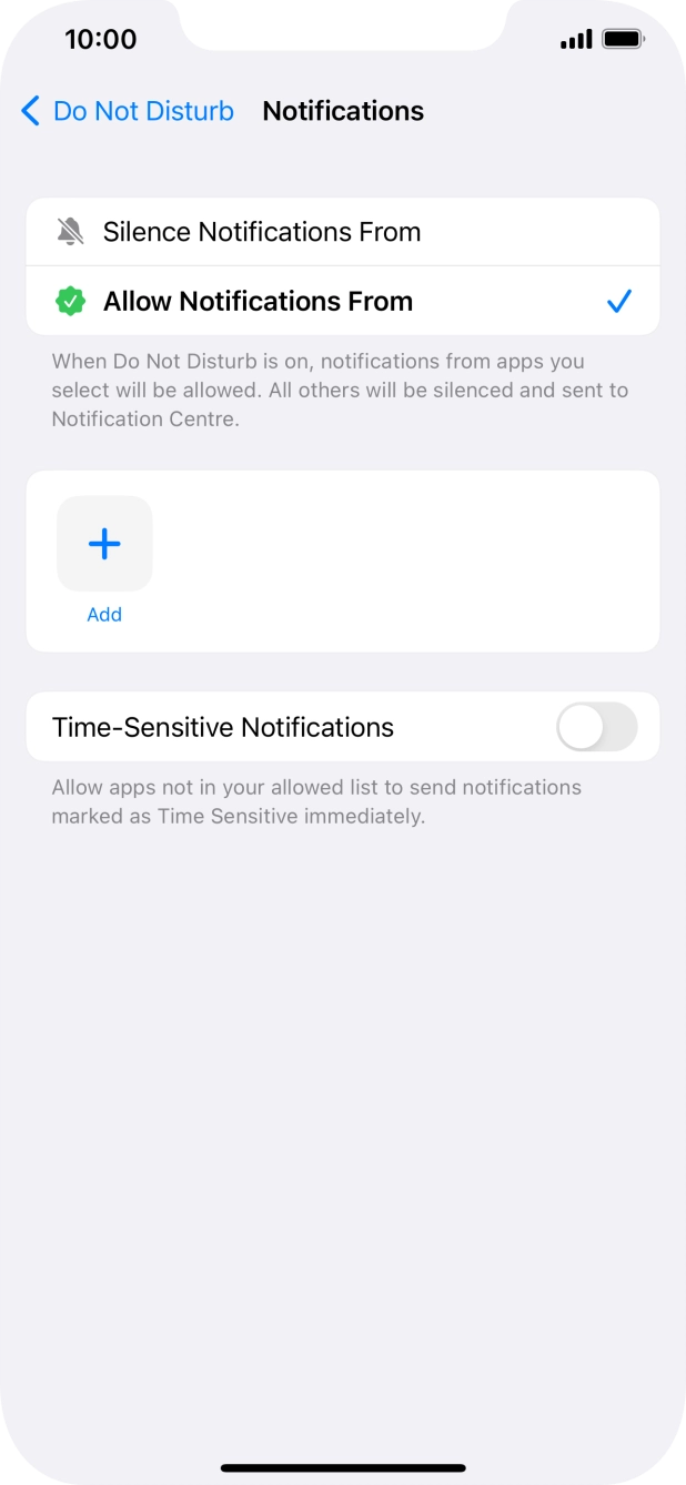 Press the indicator next to 'Time-Sensitive Notifications' to turn display of timed notifications on or off when Do Not Disturb is turned on. Press the indicator next to 'Time-Sensitive Notifications' to turn display of timed notifications on or off when Do Not Disturb is turned on.