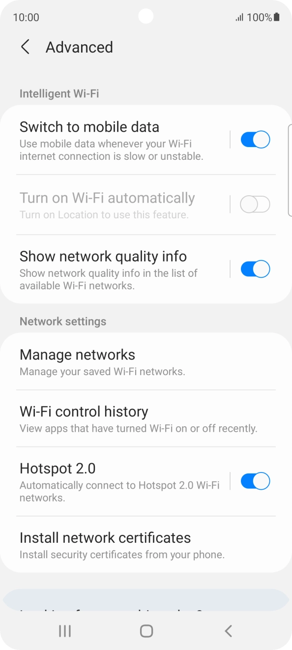 Press the indicator next to 'Switch to mobile data' to turn the function on or off. Press the indicator next to 'Switch to mobile data' to turn the function on or off.