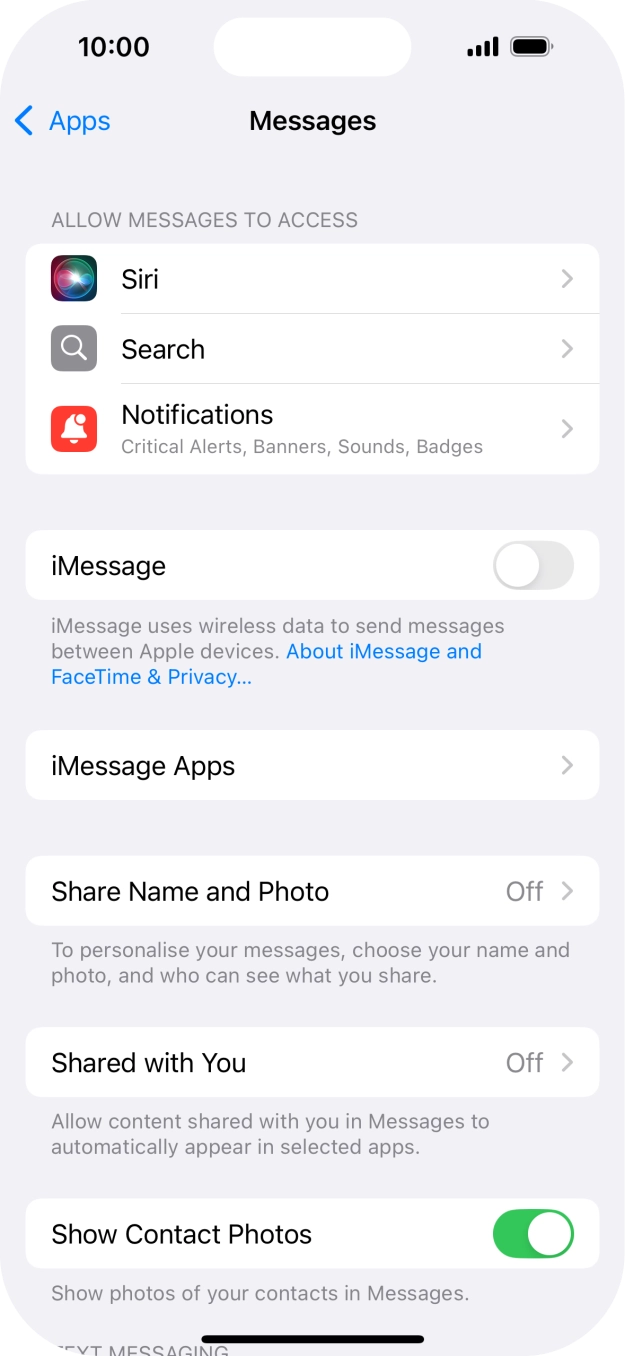 Press the indicator next to 'iMessage' to turn on the function.