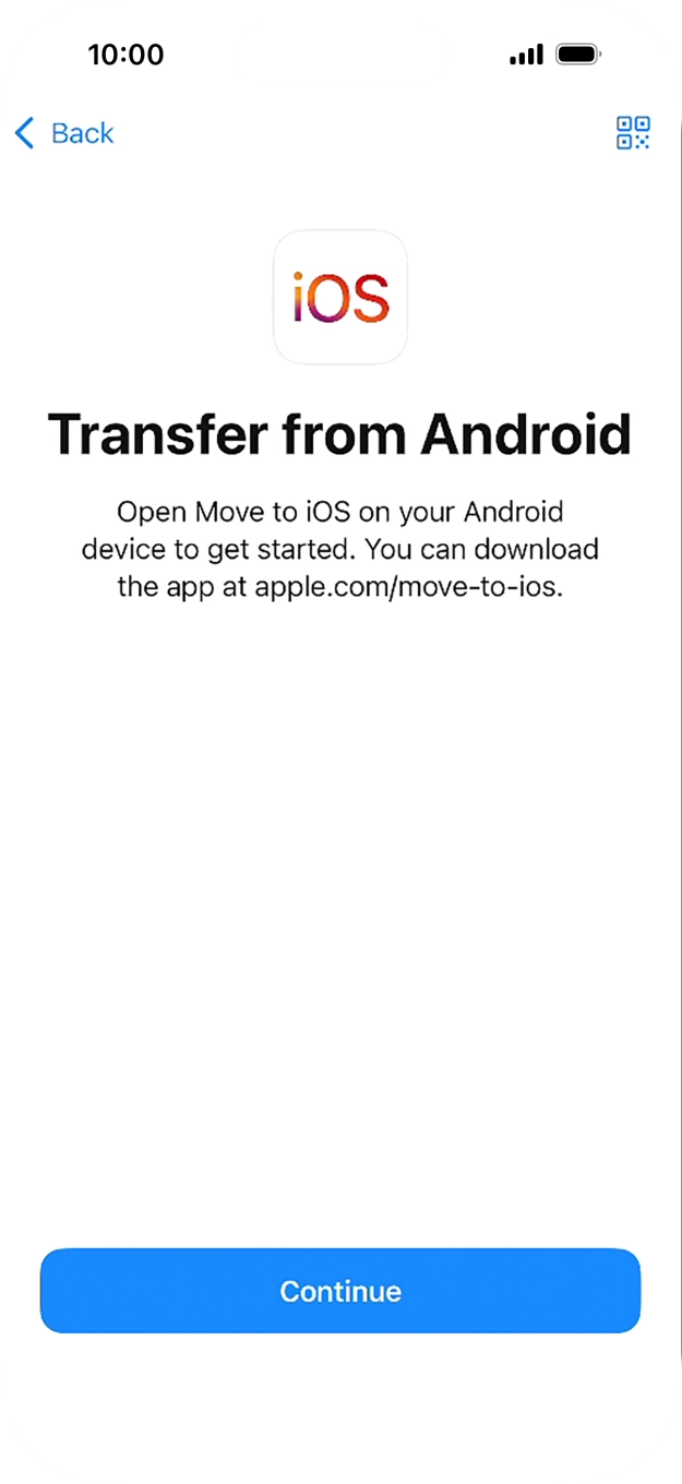 To transfer content to your phone, you need to install the app 'Move to iOS' on the Android phone. When the app is installed, press Continue.