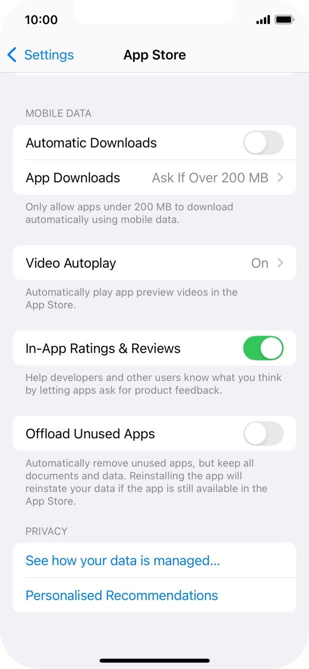 Press the indicator next to 'Offload Unused Apps' to turn the function on or off. Press the indicator next to 'Offload Unused Apps' to turn the function on or off.