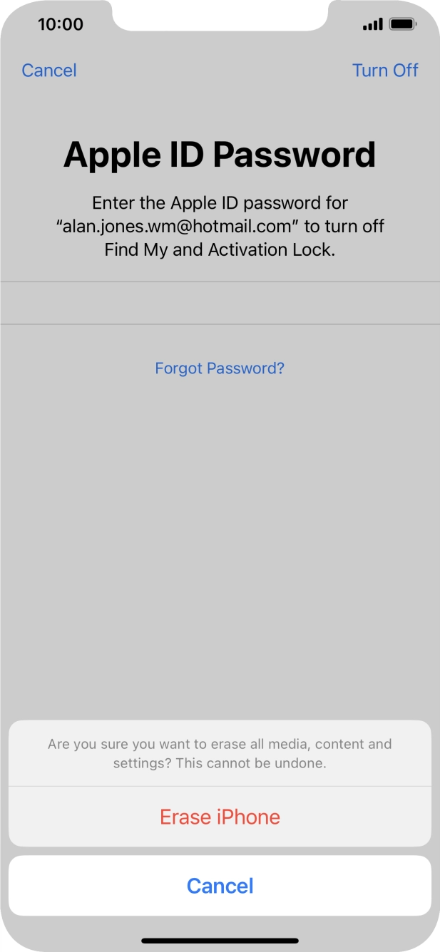 Key in the password for your Apple ID and press Erase iPhone. Wait a moment while the factory default settings are restored. Follow the instructions on the screen to set up your phone and prepare it for use.