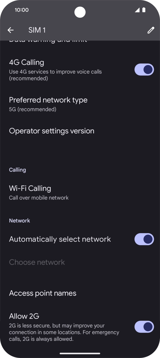 Press the indicator next to '4G Calling' to turn the function on or off.