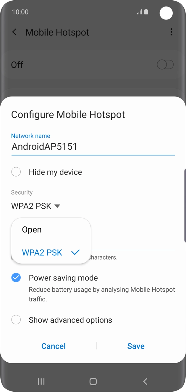 Press WPA2 PSK to password protect your WiFi hotspot.