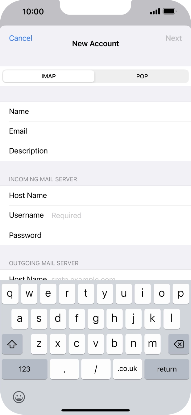 Press Username and key in the username for your email account. Press Username and key in the username for your email account.