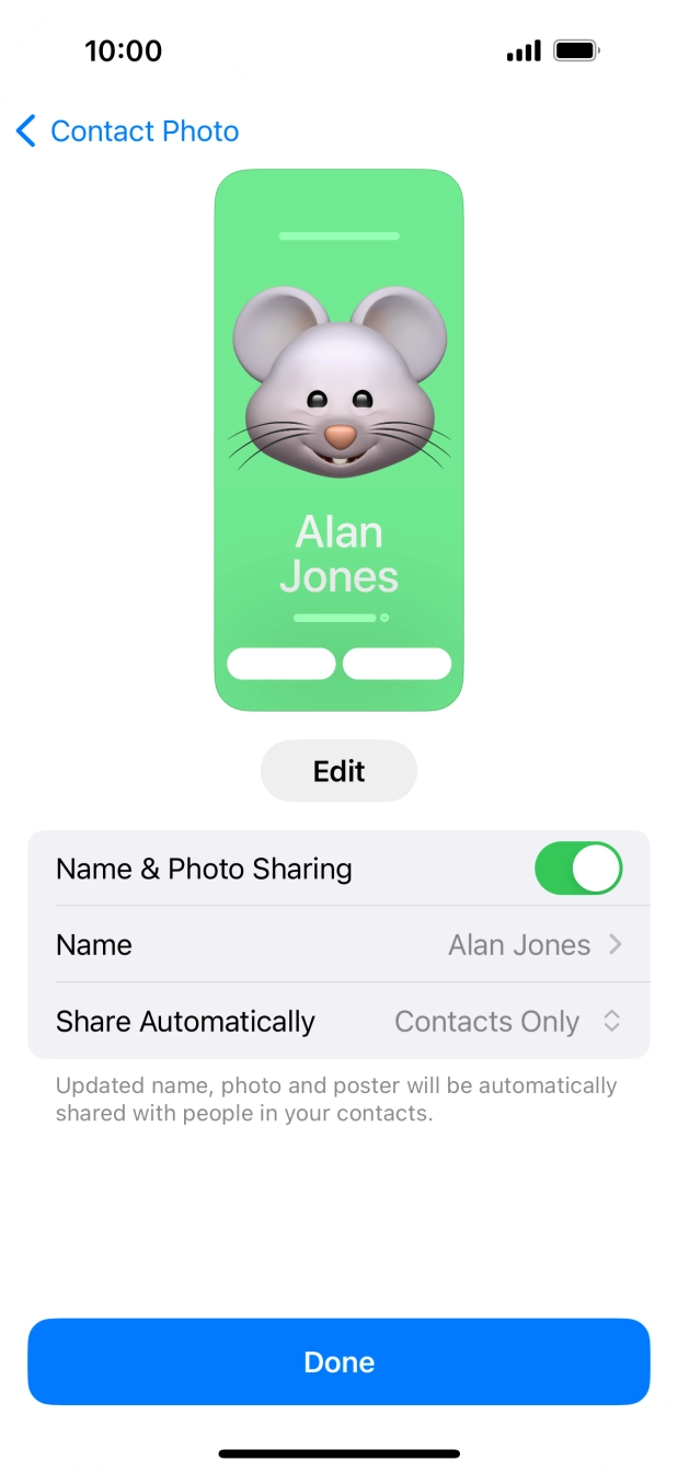 Press the indicator next to 'Name & Photo Sharing' to turn the function on or off.