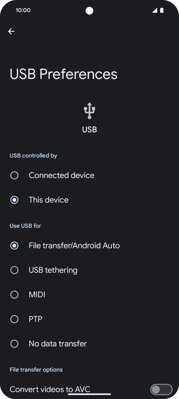 Press File transfer/Android Auto. Press File transfer/Android Auto.