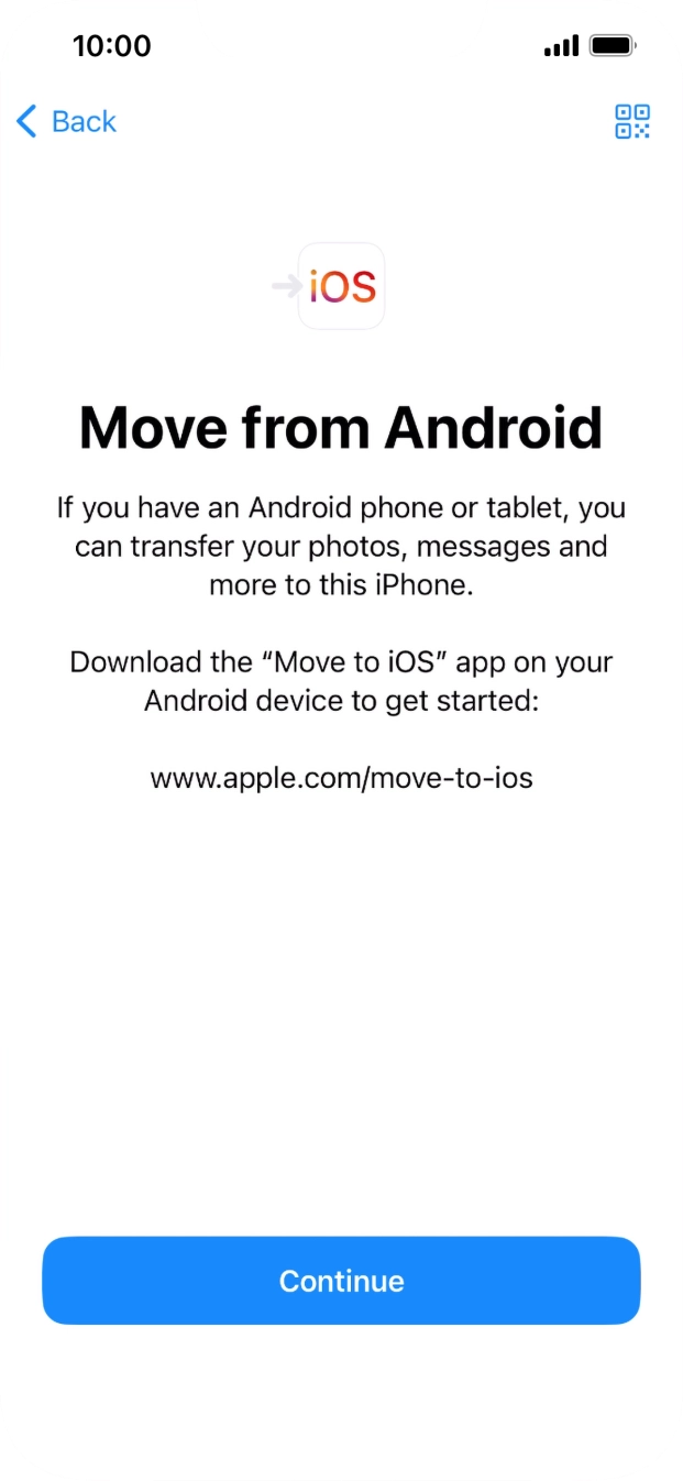 To transfer content to your phone, you need to install the app 'Move to iOS' on the Android phone. When the app is installed, press Continue.