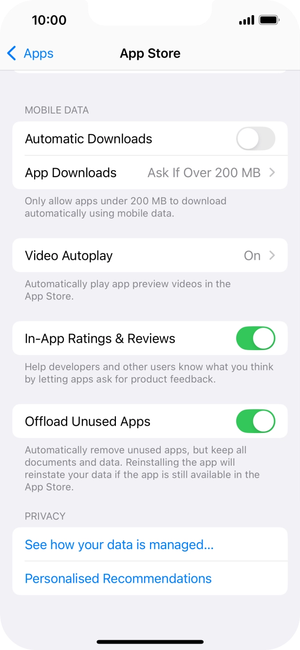 Press the indicator next to 'Offload Unused Apps' to turn the function on or off. Press the indicator next to 'Offload Unused Apps' to turn the function on or off.
