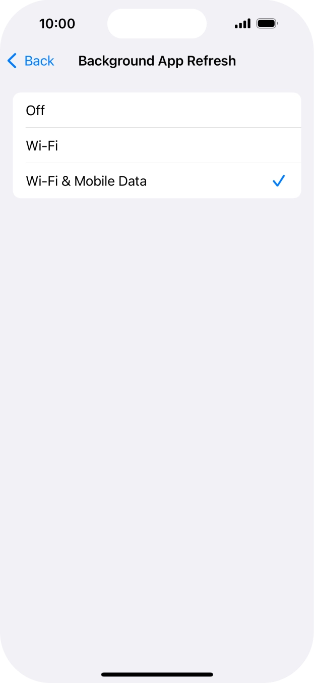 To turn off background refresh of apps, press Off. To turn off background refresh of apps, press Off.