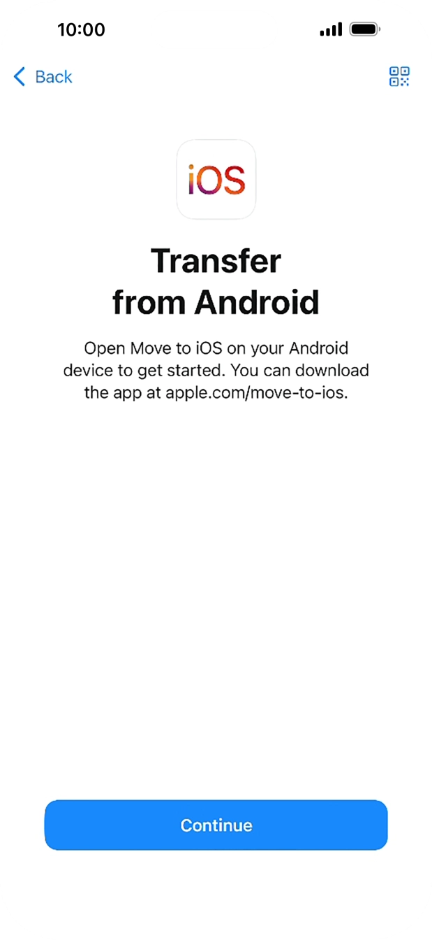 To transfer content to your phone, you need to install the app 'Move to iOS' on the Android phone. When the app is installed, press Continue.
