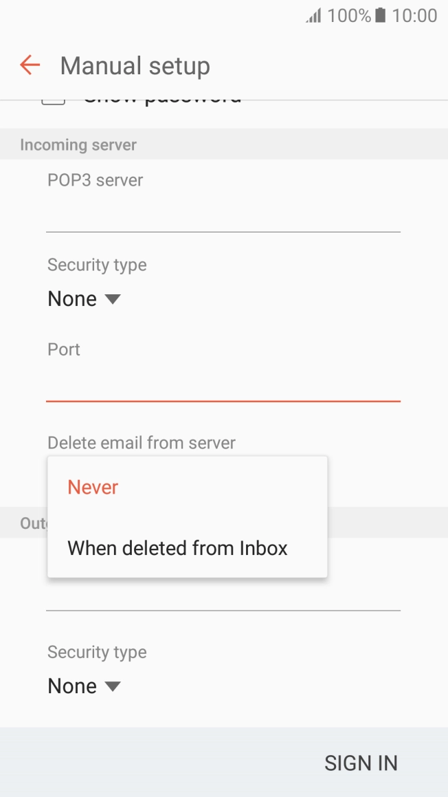 Press Never to keep emails on the server when you delete them on your phone. Press Never to keep emails on the server when you delete them on your phone.