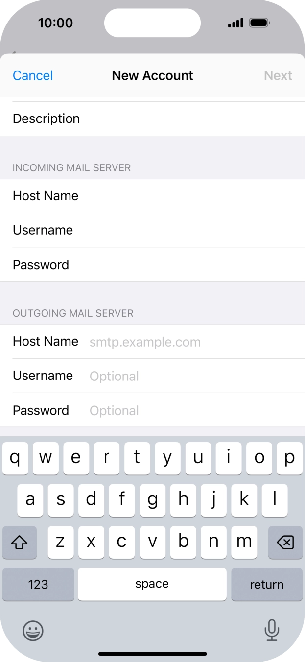 Press Host Name and key in the name of your email provider's outgoing server. Press Host Name and key in the name of your email provider's outgoing server.