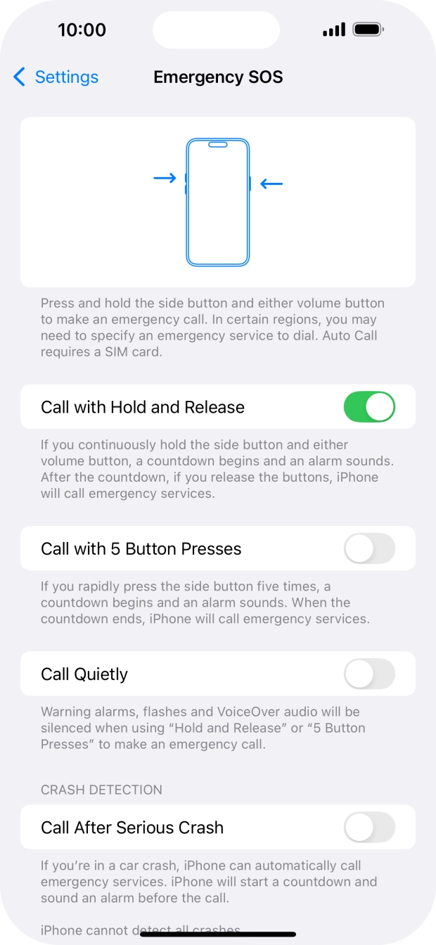 Press the indicator next to 'Call After Serious Crash' to turn on the function.