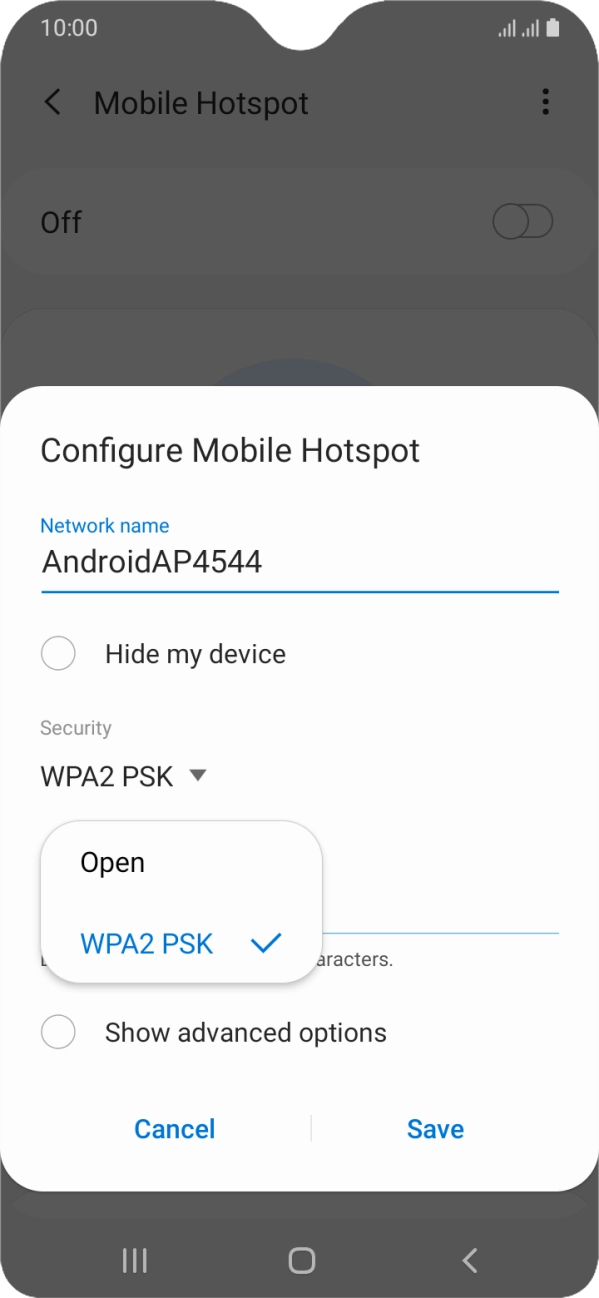 Press WPA2 PSK to password protect your WiFi hotspot.