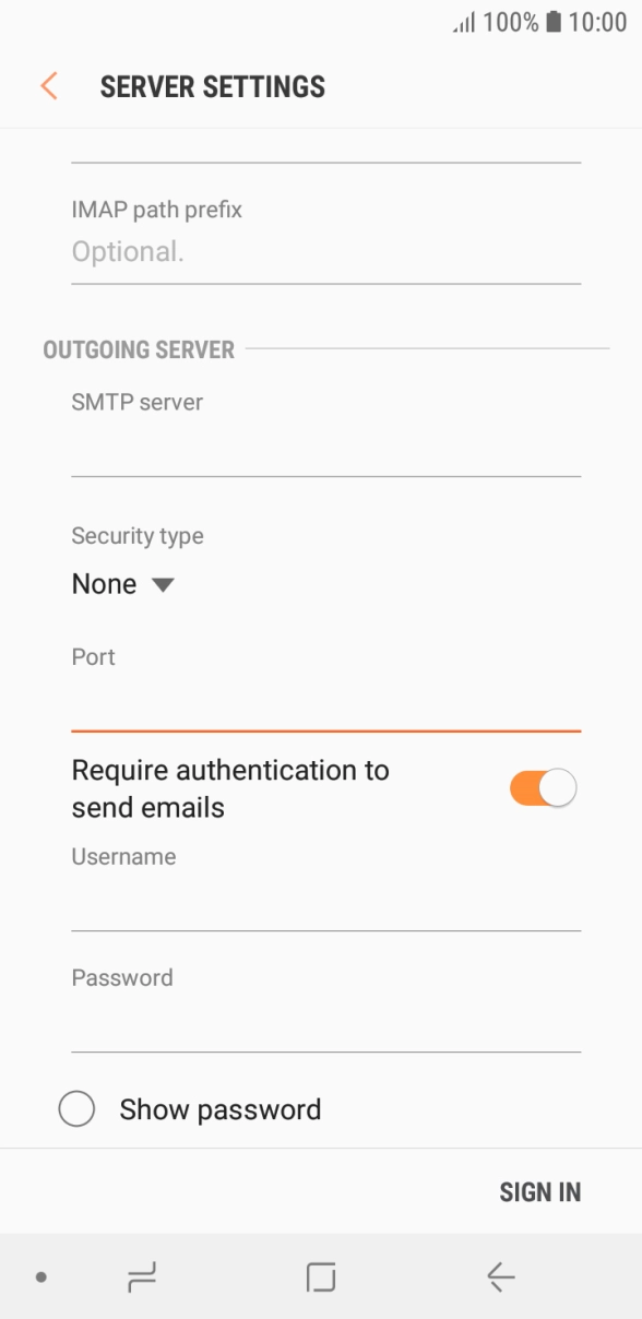 Press the indicator next to 'Require authentication to send emails' to turn on the function. Press the indicator next to 'Require authentication to send emails' to turn on the function.