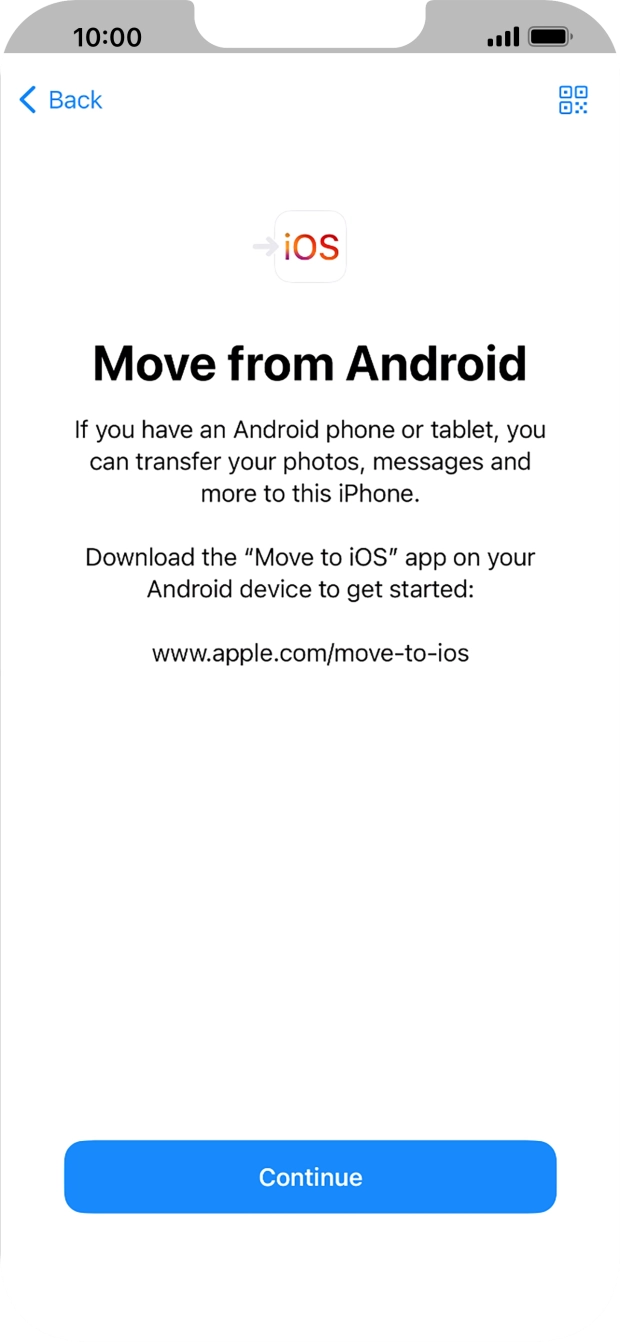 To transfer content to your phone, you need to install the app 'Move to iOS' on the Android phone. When the app is installed, press Continue.