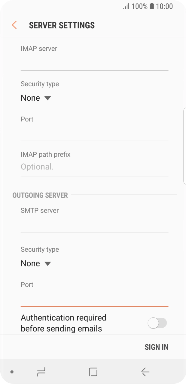 Press the indicator next to 'Authentication required before sending emails' to turn on the function. Press the indicator next to 'Authentication required before sending emails' to turn on the function.