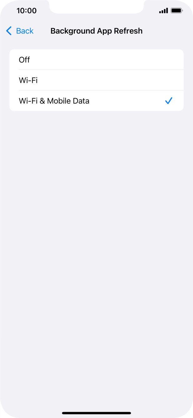 To turn off background refresh of apps, press Off. To turn off background refresh of apps, press Off.
