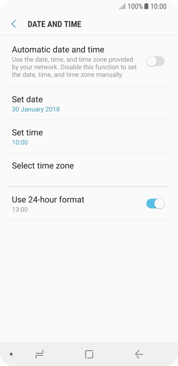 Press the indicator next to 'Automatic date and time' to turn on the function.