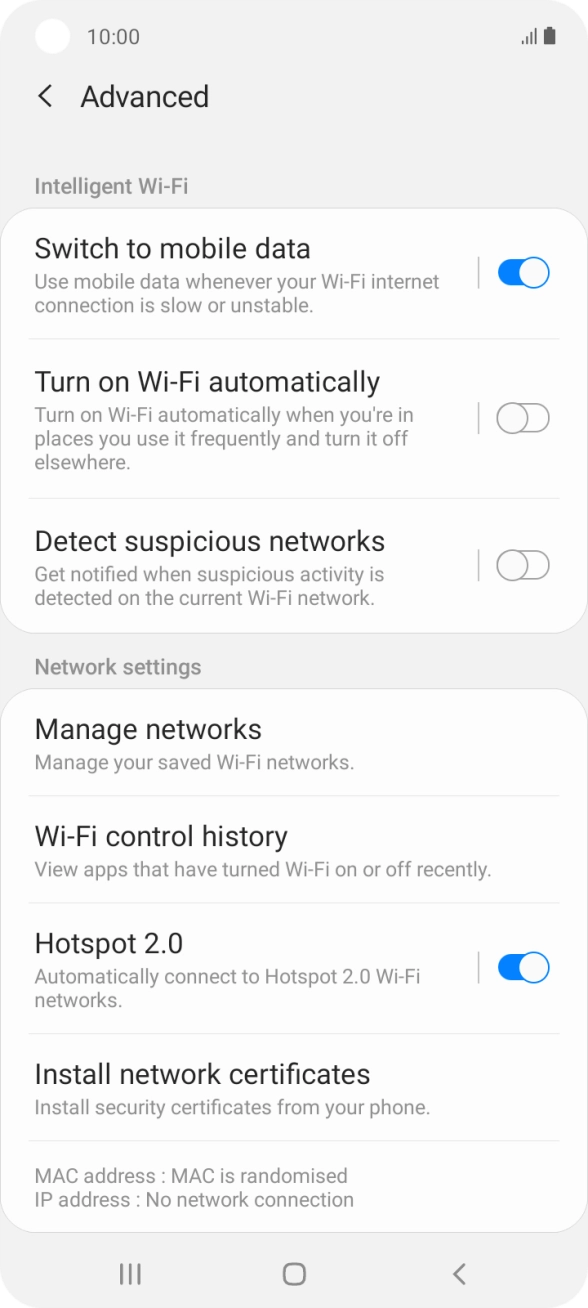 Press the indicator next to 'Switch to mobile data' to turn the function on or off. Press the indicator next to 'Switch to mobile data' to turn the function on or off.