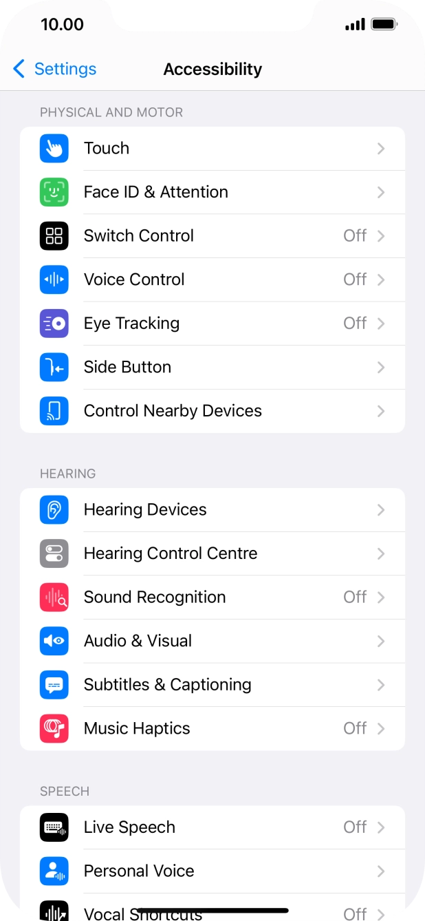 Press the required category below 'PHYSICAL AND MOTOR' and follow the instructions on the screen to select the required settings.