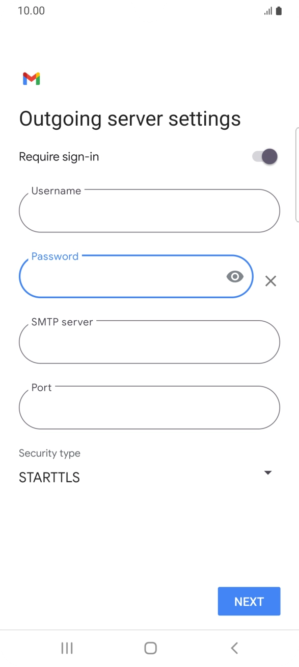 Press the field below 'SMTP server' and key in the name of your email provider's outgoing server. Press the field below 'SMTP server' and key in the name of your email provider's outgoing server.