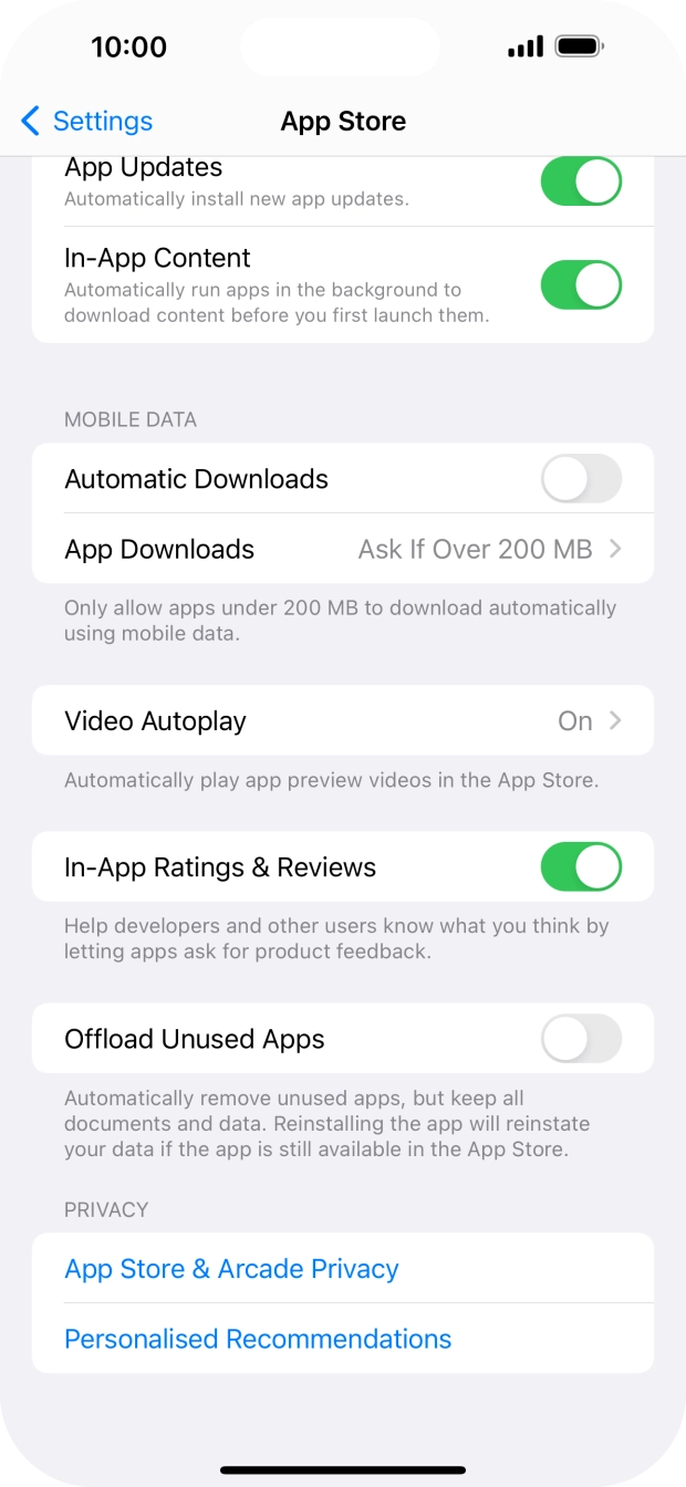 Press the indicator next to 'Offload Unused Apps' to turn the function on or off. Press the indicator next to 'Offload Unused Apps' to turn the function on or off.